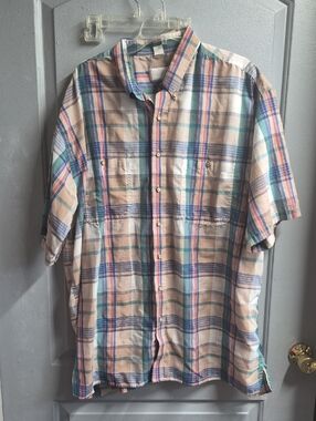 Men's Short-Sleeve Plaid Button-Down Shirt - Beige with Blue & Green
